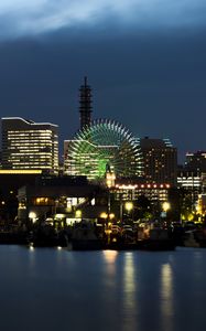 Preview wallpaper night city, city, buildings, ferris wheel, lights, water