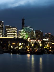 Preview wallpaper night city, city, buildings, ferris wheel, lights, water