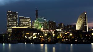 Preview wallpaper night city, city, buildings, ferris wheel, lights, water