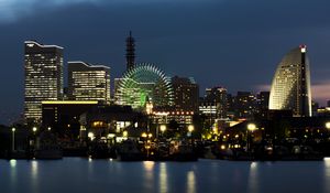 Preview wallpaper night city, city, buildings, ferris wheel, lights, water