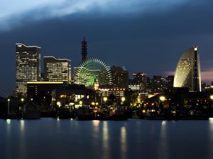 Preview wallpaper night city, city, buildings, ferris wheel, lights, water