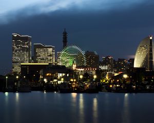 Preview wallpaper night city, city, buildings, ferris wheel, lights, water