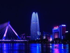 Preview wallpaper night city, city, buildings, lights, water, purple, dark