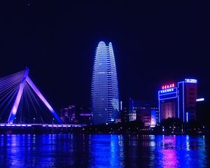 Preview wallpaper night city, city, buildings, lights, water, purple, dark