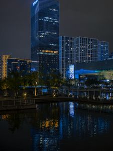 Preview wallpaper night city, city, buildings, lights, pier