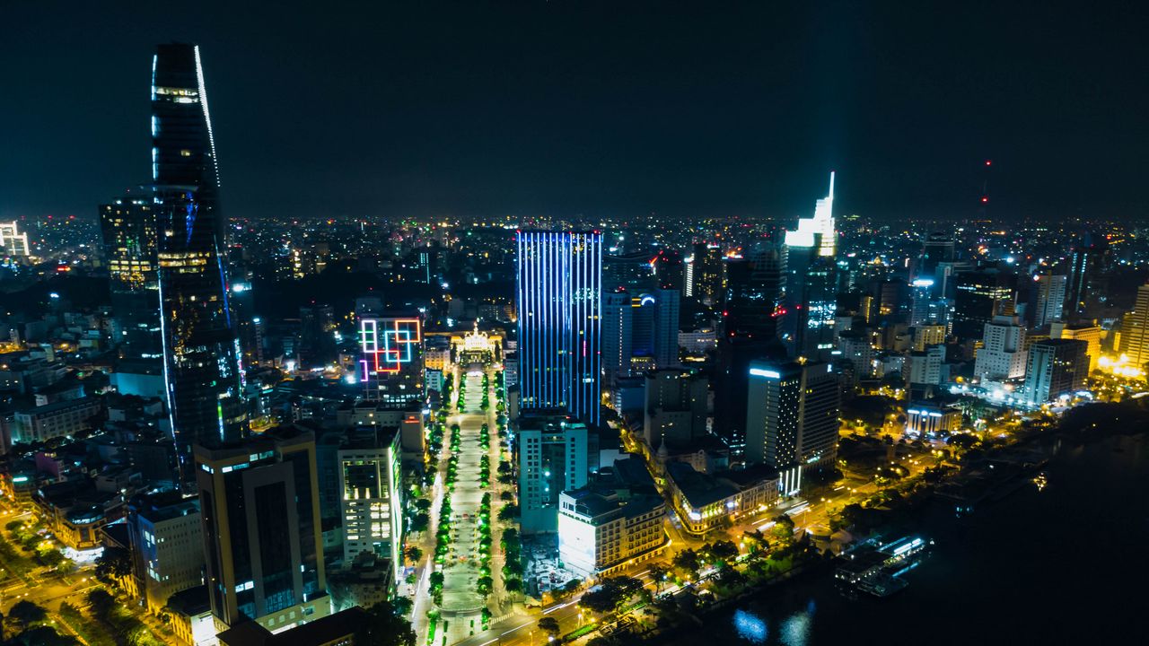 Wallpaper night city, city, buildings, road, aerial view
