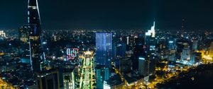 Preview wallpaper night city, city, buildings, road, aerial view