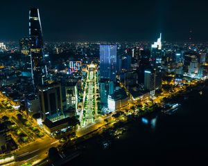 Preview wallpaper night city, city, buildings, road, aerial view