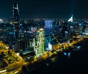 Preview wallpaper night city, city, buildings, road, aerial view