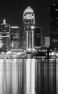 Preview wallpaper night city, city, buildings, lights, water, reflection, black and white