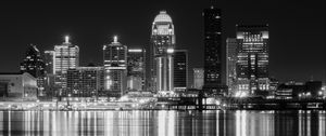 Preview wallpaper night city, city, buildings, lights, water, reflection, black and white
