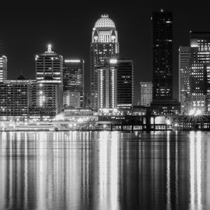 Preview wallpaper night city, city, buildings, lights, water, reflection, black and white