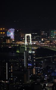 Preview wallpaper night city, city, buildings, ferris wheel, aerial view