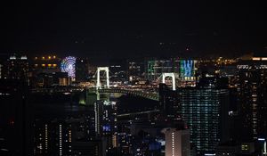 Preview wallpaper night city, city, buildings, ferris wheel, aerial view