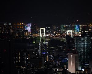 Preview wallpaper night city, city, buildings, ferris wheel, aerial view