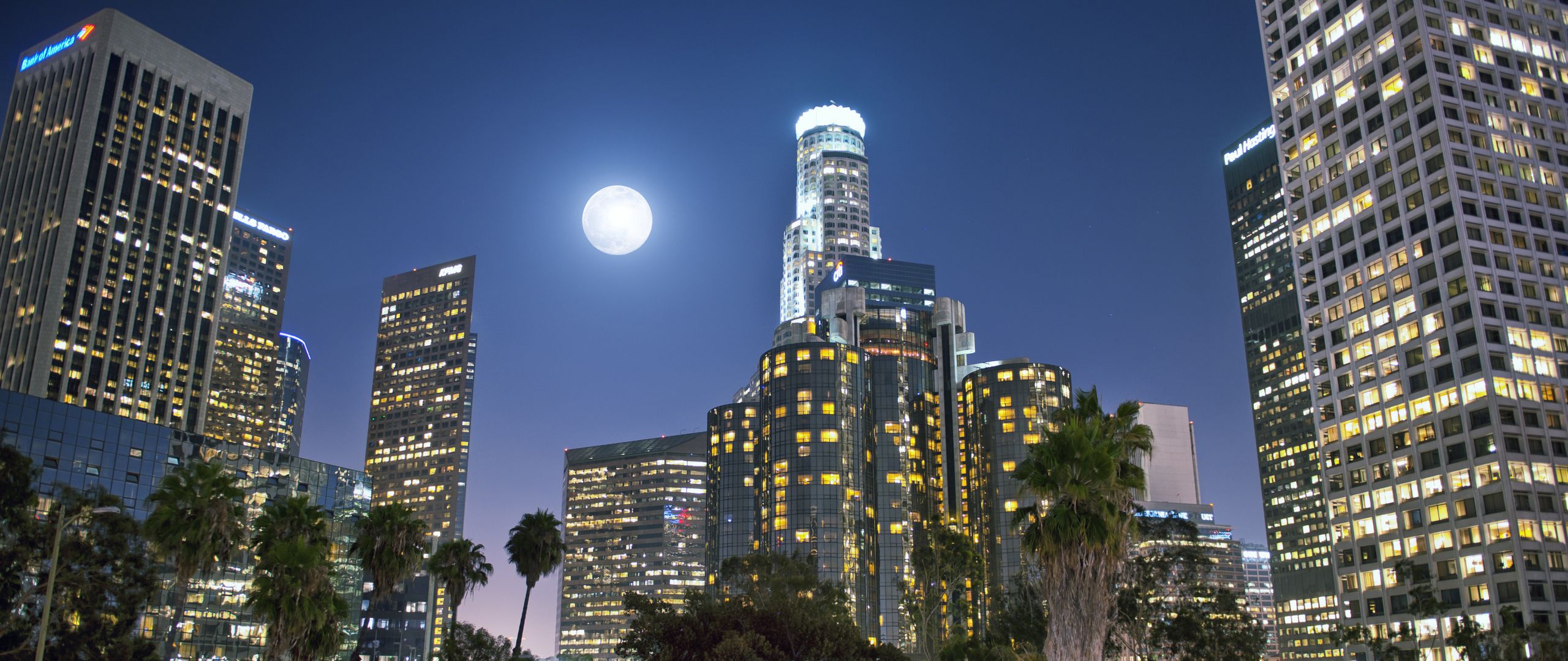 Download Wallpaper 2560x1080 Buildings, Moon, Night, Dual Wide