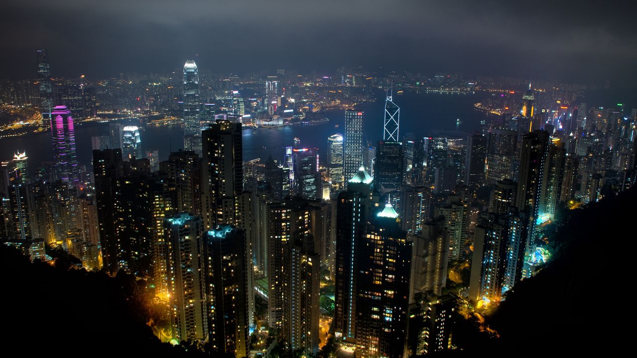 Wallpaper night city, city, buildings, lights, aerial view, dark