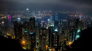 Preview wallpaper night city, city, buildings, lights, aerial view, dark