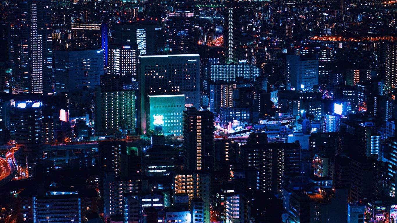 Download Wallpaper 1366x768 Night City City Lights Aerial View Lighting Night Tablet Laptop Hd Background