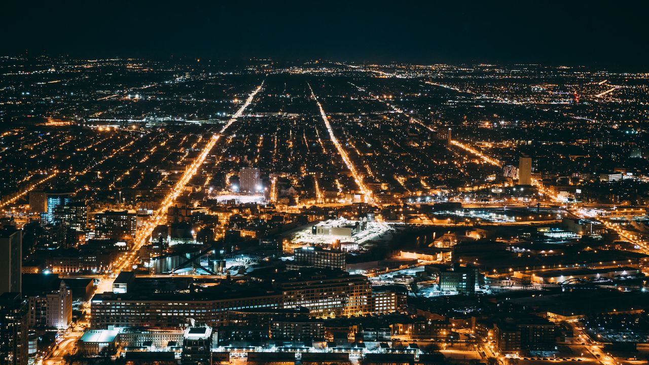 Wallpaper night city, city lights, aerial view, overview, chicago