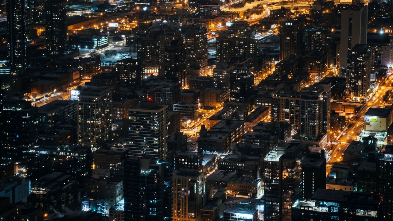 Wallpaper night city, city lights, aerial view, overview, buildings