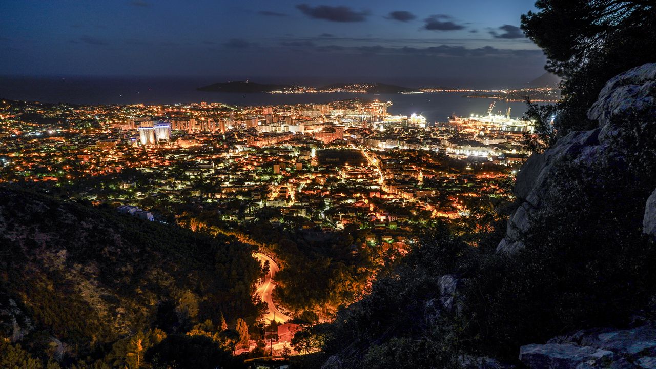 Wallpaper night city, city lights, aerial view, night, toulon, france