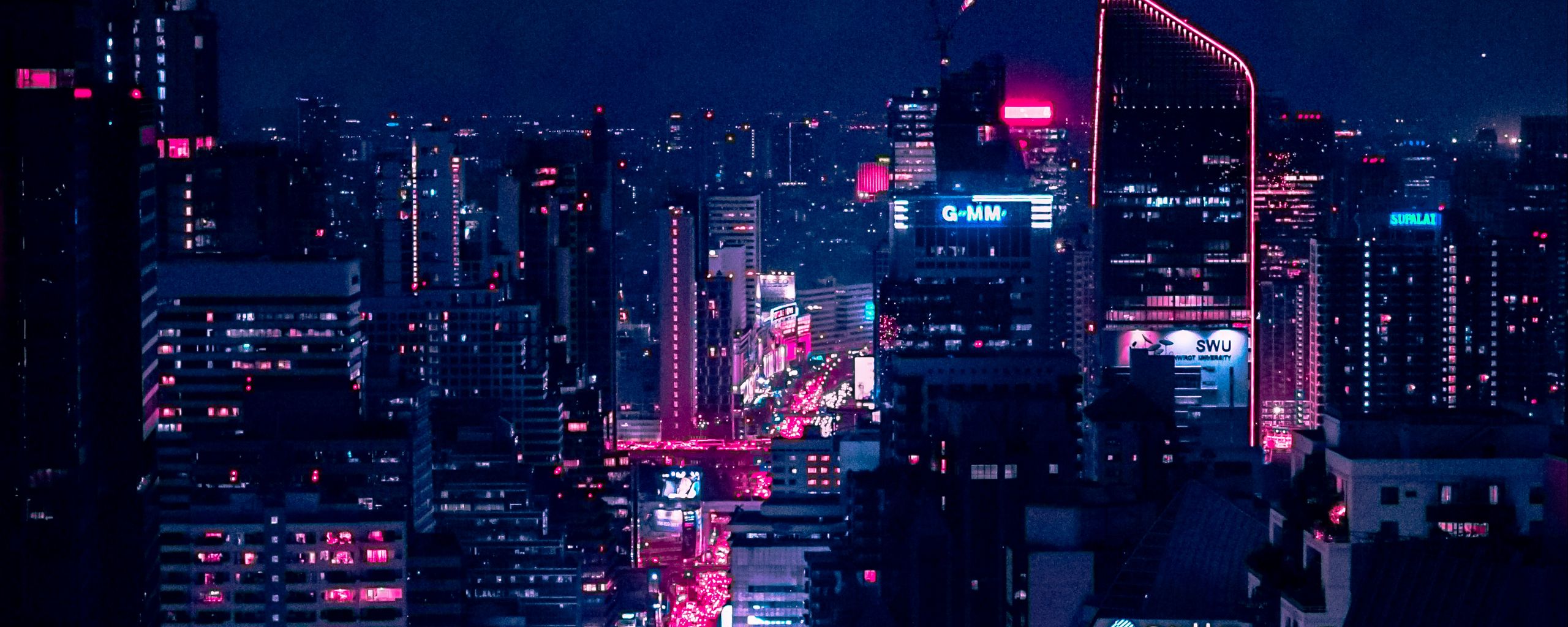 Download wallpaper 2560x1024 night city, city lights, aerial view ...