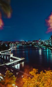 Preview wallpaper night city, city lights, branches, aerial view, australia