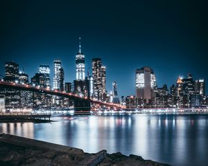 Preview wallpaper night city, city lights, bridge, panorama, brooklyn, usa