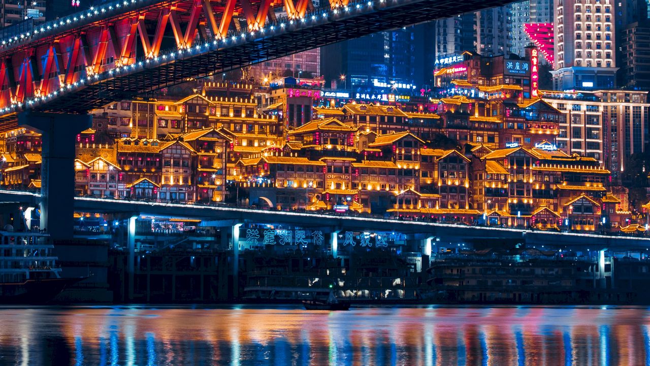 Wallpaper night city, city lights, bridge, megalopolis, water, architecture
