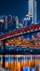 Preview wallpaper night city, city lights, bridge, megalopolis, water, architecture