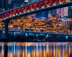 Preview wallpaper night city, city lights, bridge, megalopolis, water, architecture