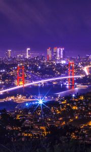 Preview wallpaper night city, city lights, bridge, aerial view, turkey