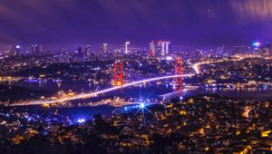 Preview wallpaper night city, city lights, bridge, aerial view, turkey