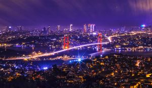 Preview wallpaper night city, city lights, bridge, aerial view, turkey