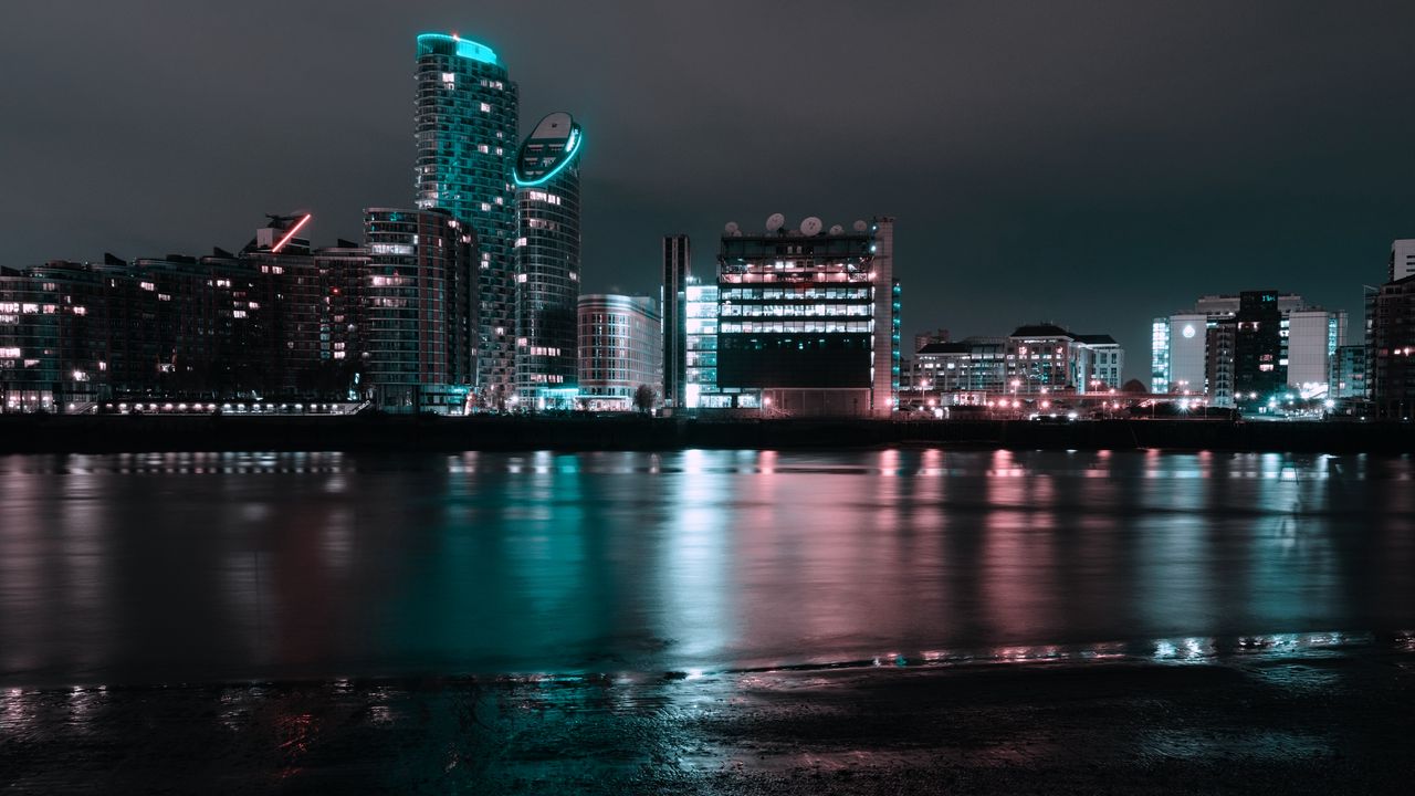 Wallpaper night city, city lights, coast, panorama, river, london, uk