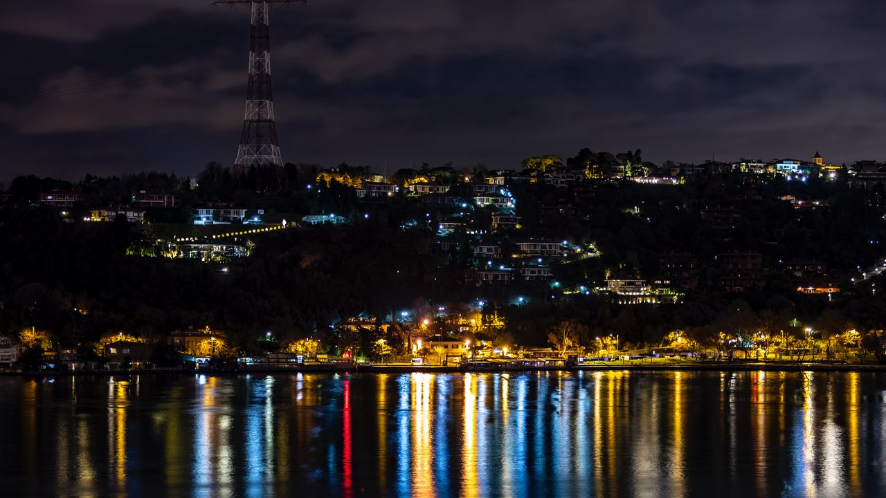 Wallpaper night city, city lights, coast, reflection, istanbul, turkey