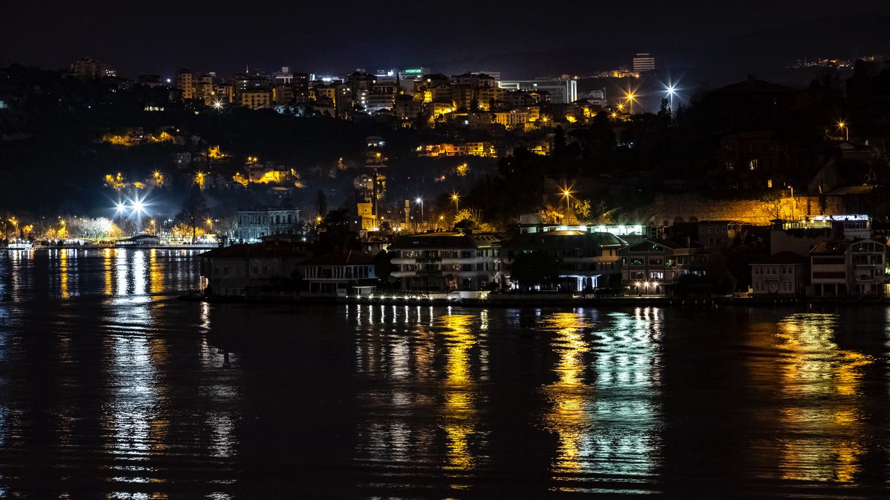 Wallpaper night city, city lights, coast, reflection, light, istanbul, turkey