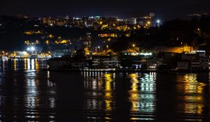 Preview wallpaper night city, city lights, coast, reflection, light, istanbul, turkey