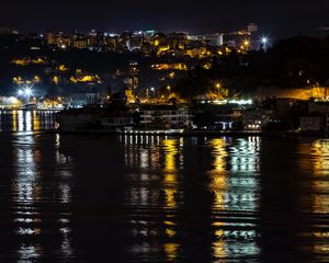 Preview wallpaper night city, city lights, coast, reflection, light, istanbul, turkey