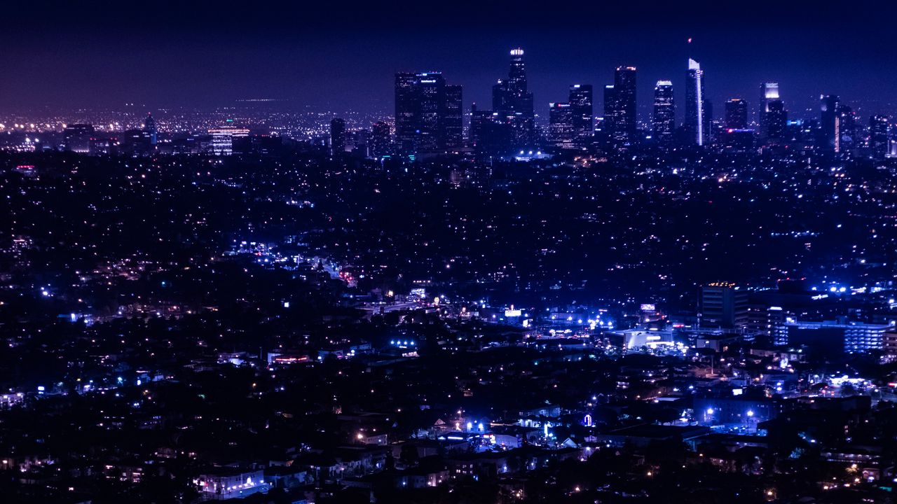 Wallpaper night city, city lights, overview, aerial view