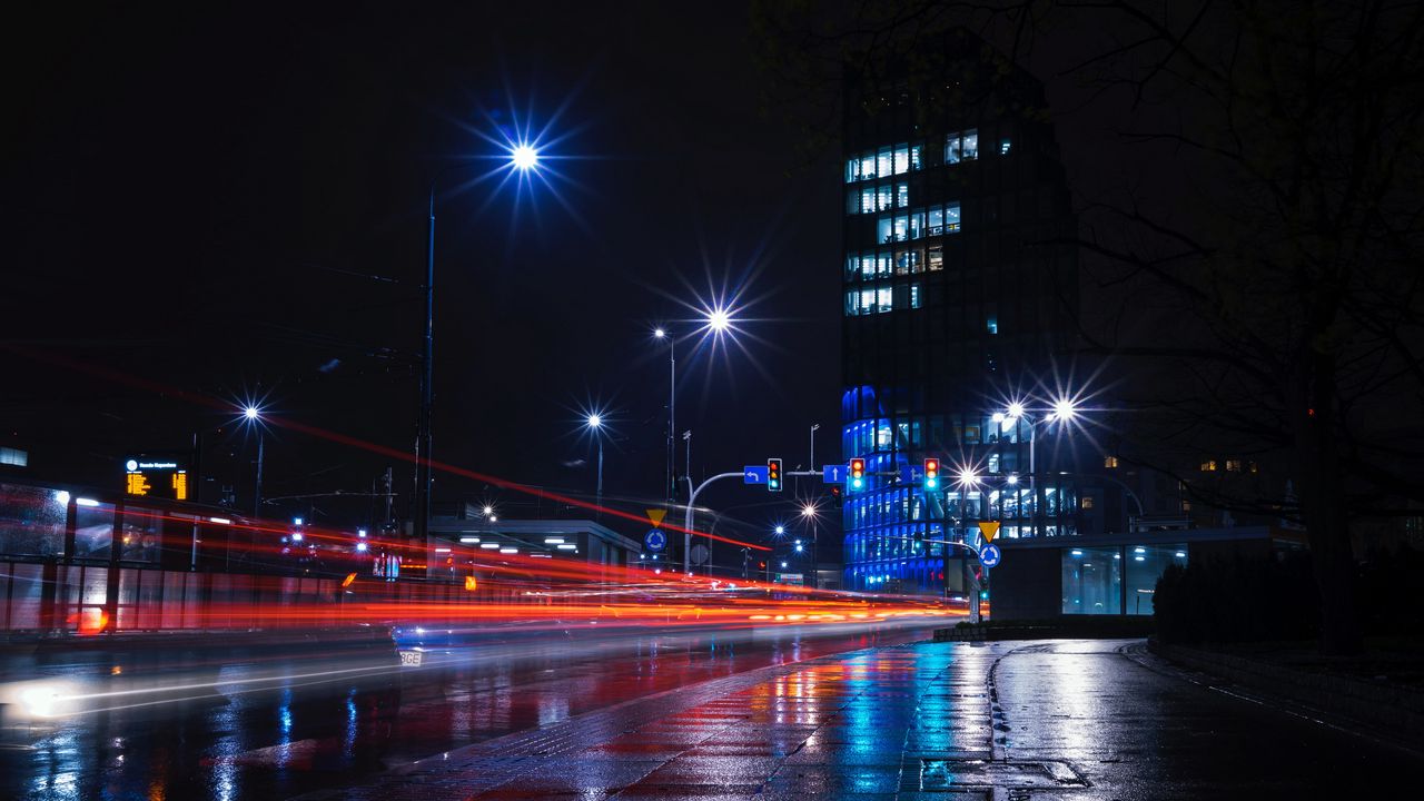 Wallpaper night city, city lights, road, building, lights