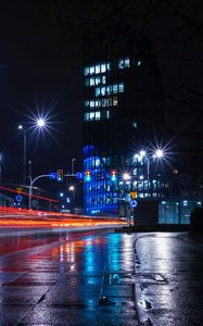 Preview wallpaper night city, city lights, road, building, lights