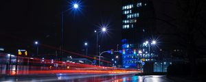 Preview wallpaper night city, city lights, road, building, lights