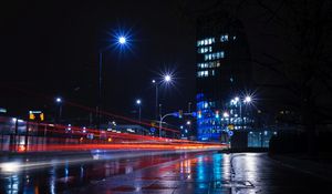 Preview wallpaper night city, city lights, road, building, lights