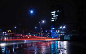 Preview wallpaper night city, city lights, road, building, lights