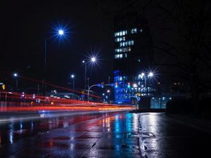 Preview wallpaper night city, city lights, road, building, lights