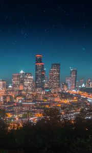 Preview wallpaper night city, city lights, starry sky, architecture, panorama