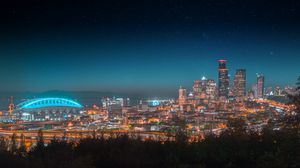 Preview wallpaper night city, city lights, starry sky, architecture, panorama