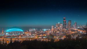 Preview wallpaper night city, city lights, starry sky, architecture, panorama